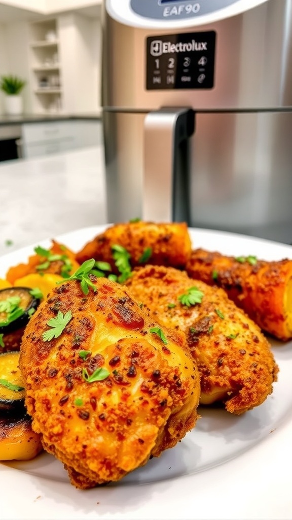 Crispy air-fried chicken thighs garnished with herbs, served with roasted vegetables in a modern kitchen.